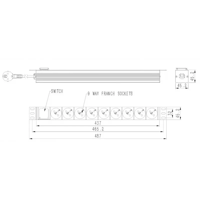 Unidade de distribuição de energia GEMBIRD EG-PDU-9F2F — 9 tomadas francesas (tipo E), rack 1H, 16A, cabo de 2 m