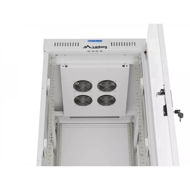 Armário rack de chão LANBERG 19 polegadas 32HE 600×800 mm cinzento com porta de vidro e LCD (embalagem plana)