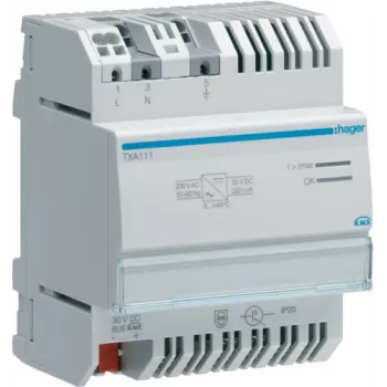 Transformador de alimentação Hager TXA111, entrada 230 V AC, saída 30 V DC, 0,32 A, cinzento