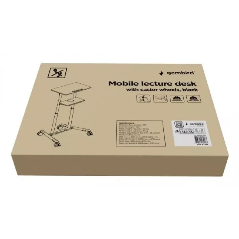 Gembird TVS-DESK-01-BK secretária de pé móvel com rodas, altura ajustável 111–134,5 cm, inclinação 30°, máx. 20 kg, preta