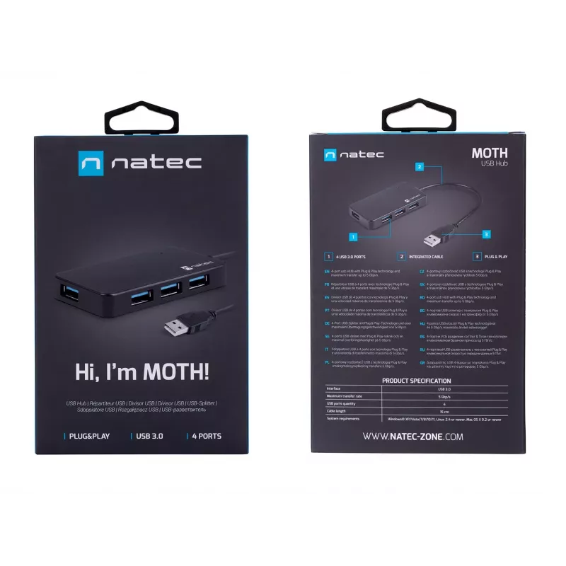 Hub USB NATEC Moth 4 portas USB 3.2 Gen 1 Type-A (5000 Mbit/s), alimentado por USB, preto, cabo de 0,15 m