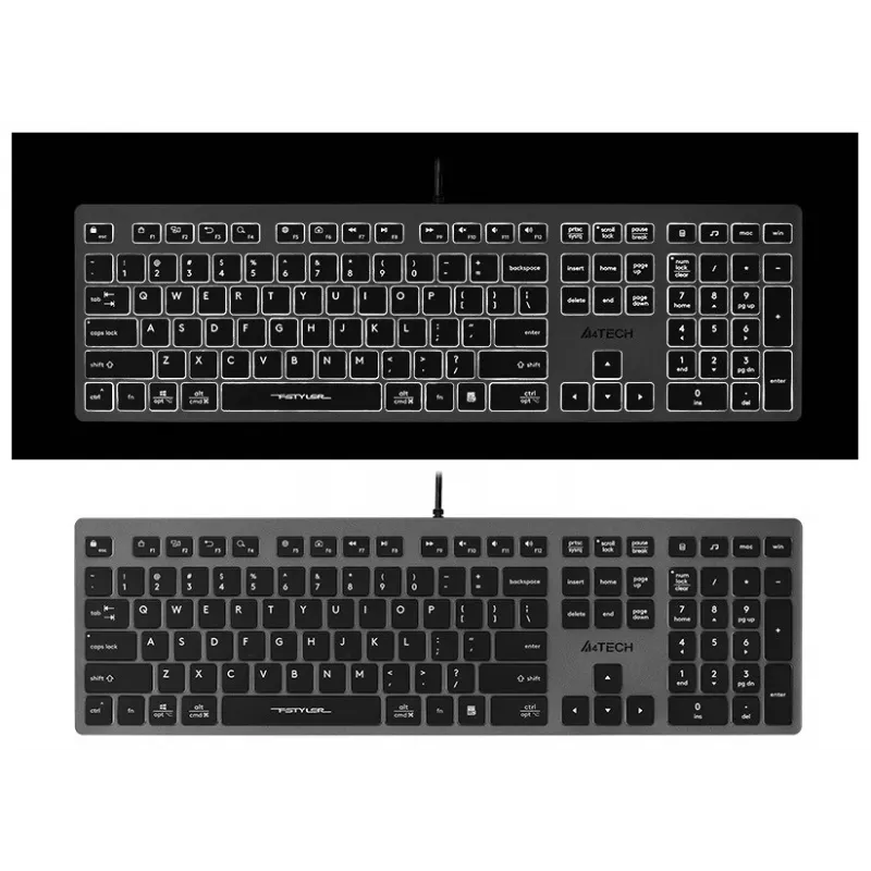 Teclado com fio A4Tech FX60H USB QWERTY – Full-Size 100%, retroiluminação branca, cinzento, hub USB