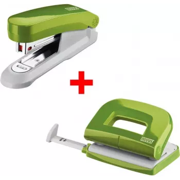 Conjunto de agrafador e furador NOVUS E15+ e E210 — agrafador de mesa com furador de pinça, verde