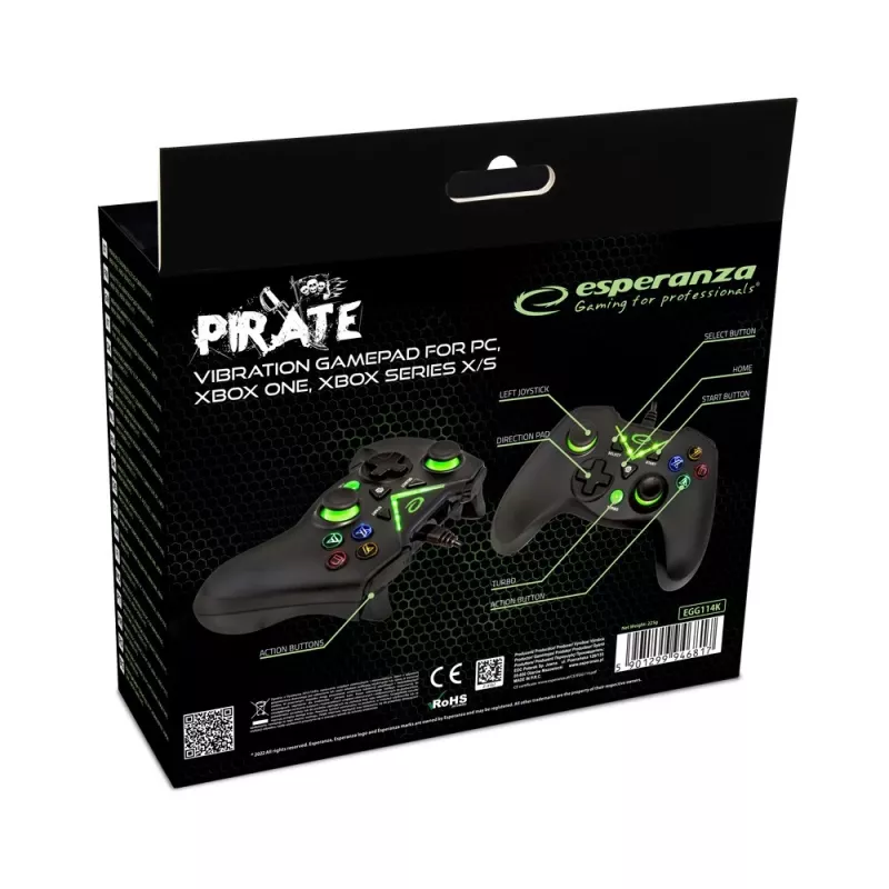 Esperanza EGG114K Pirate gamepad, USB 2.0, analógico/digital, para PC, Xbox One, Xbox Series X/S, preto