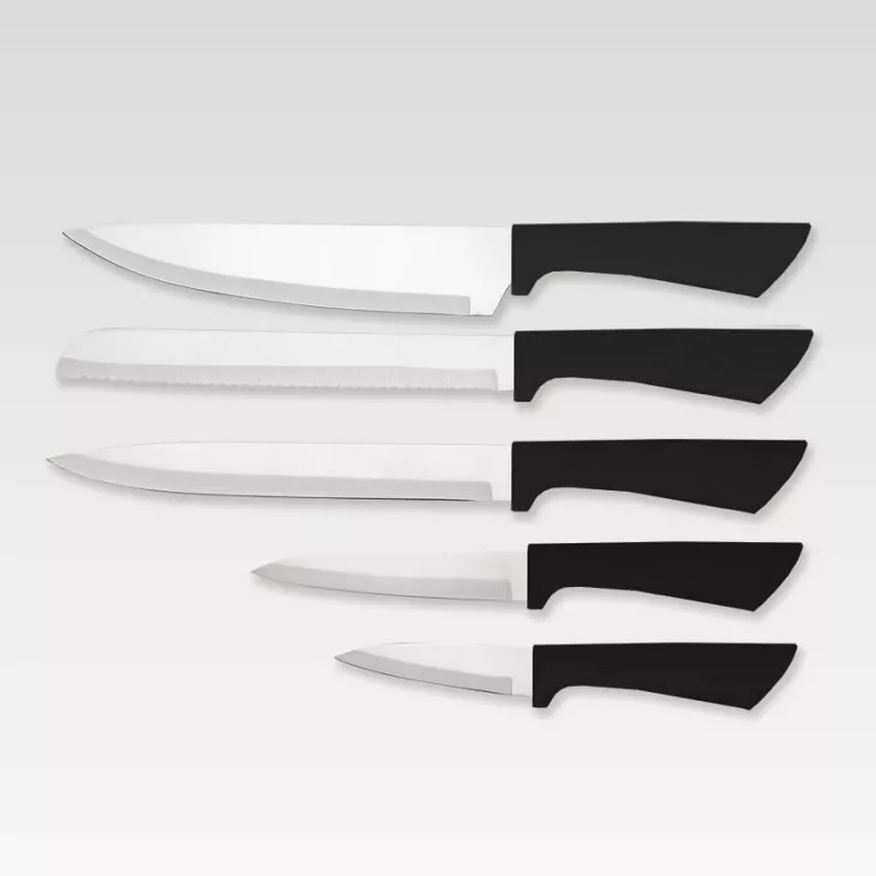Conjunto de bloco de facas e talheres Maestro MR-1413 – preto, 8 peças, lâminas de aço inoxidável com suporte, porta-rolos de papel