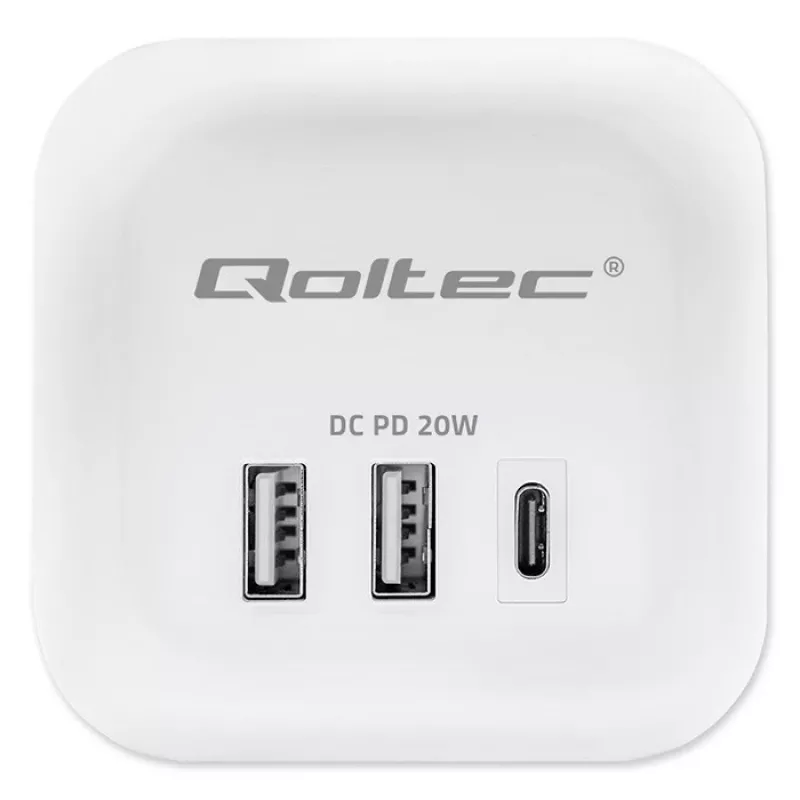 Power Cube QOLTEC 52547 Régua de tomadas 3×tomadas AC, 2×USB-A, 1×USB-C PD 20W