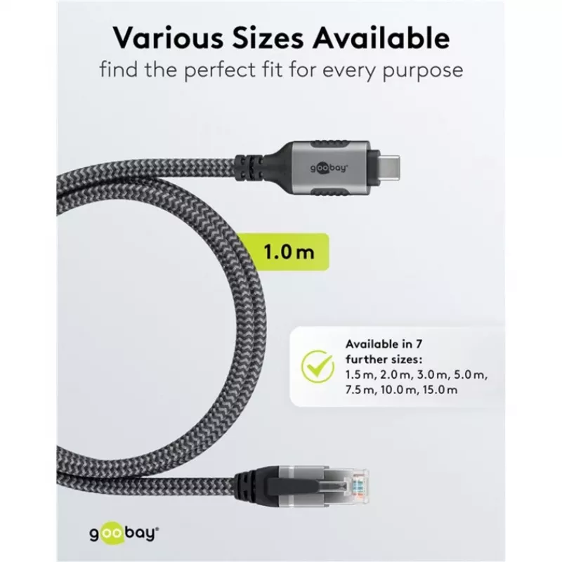 Wentronic goobay - Cabo de rede - 24 Pin USB-C (M) para RJ-45 (M) - 1,0 m - 6 mm - FTP - CAT 6 - USB 3.1 - cabo entrançado - preto, prateado (70696)
