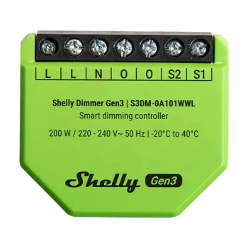 Dimmer de encastrar Shelly Dimmer Gen3 — LED máx. 150W, halogéneo máx. 200W, 220–240V, sem fios, preto/lime