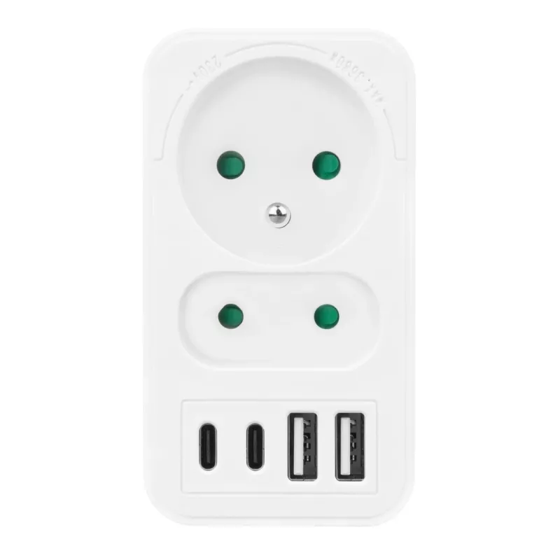 Power Splitter MACLEAN MCE249 F/W – 2 tomadas de rede (16A + 6A) e 4x USB (2x A, 2x C PD 20W)