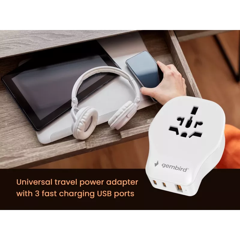 Adaptador de viagem de parede GEMBIRD TPA-1A2C20-02-W 20W — 1xUSB-A + 2xUSB-C, ficha tipo G, 100–250 V, branco