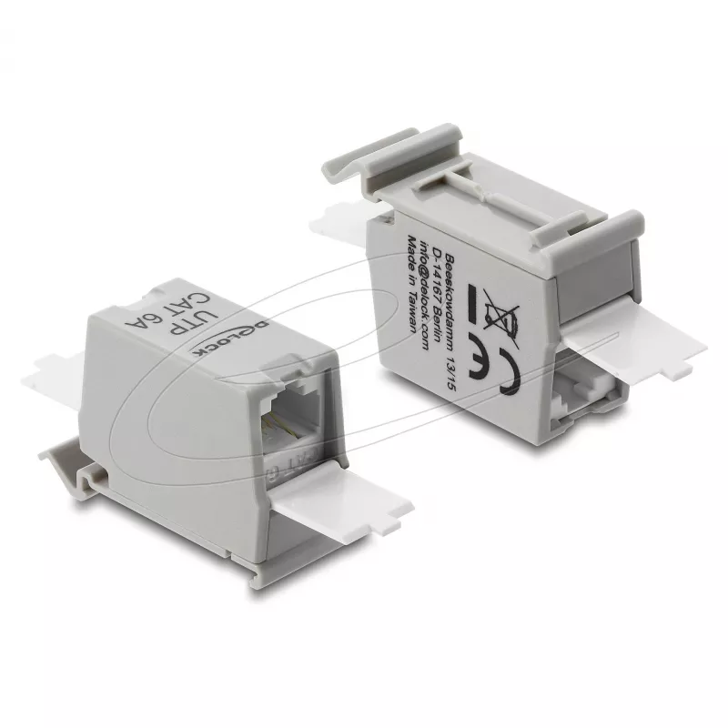 Acoplador de rede RJ45 DELOCK Cat.6A fêmea para fêmea para montagem em calha DIN, cinzento