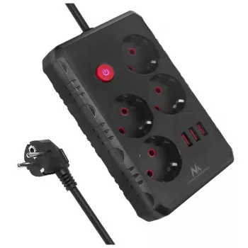 Extensão elétrica MACLEAN MCE392 B — 4 tomadas, 3×USB, 110–240V, 2,1A, 2500W, cabo de 1,5 m, preto