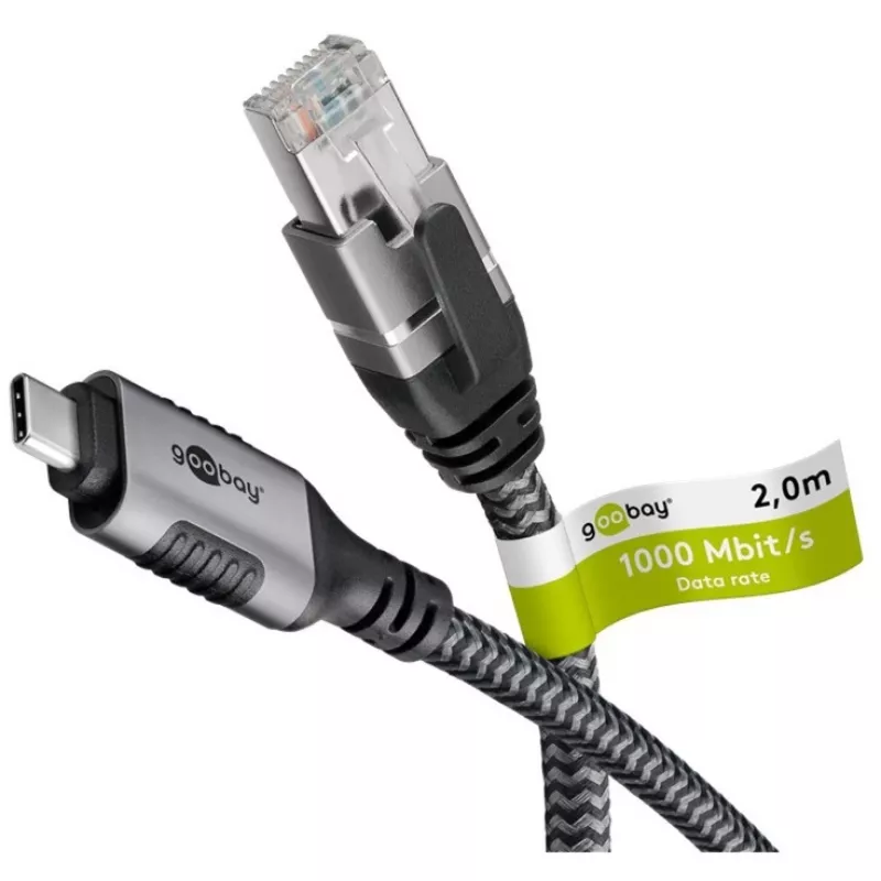 Cabo Ethernet USB-C 3.2 Gen2 macho > RJ-45 macho, adaptador LAN preto/prateado, 2 metros, revestimento têxtil entrançado
