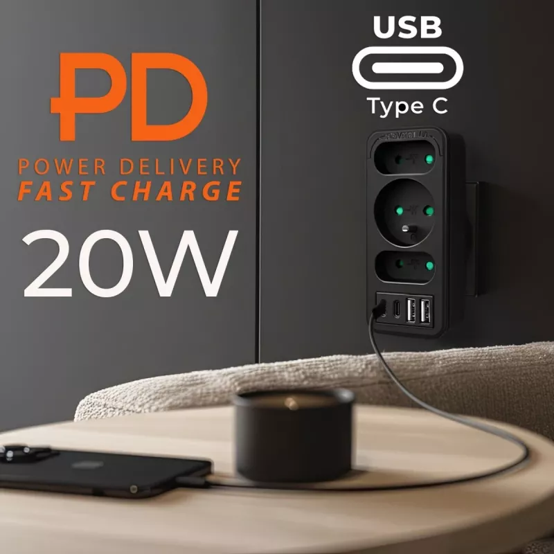 Power Splitter MACLEAN MCE248 F/B — 3 tomadas AC (1x16A, 2x6A) e 4 portas USB (2xUSB‑A, 2xUSB‑C PD 20W), ficha EU, preto