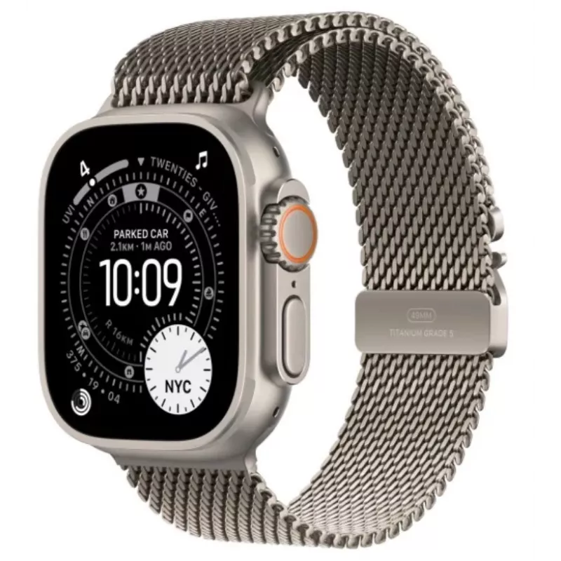 Smartwatch Apple Watch Ultra 3 GPS + Cellular 49 mm caixa de titânio natural com bracelete Milanesa de titânio natural — 64 GB, OLED, 422×514, resistente à água até 100 m, grande