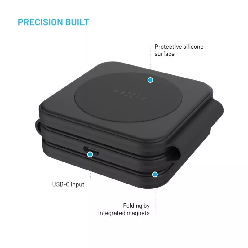 Carregador sem fios dobrável FIXED FIXFLE-SA-BK 3-em-1 para Samsung – carregador portátil compacto para telefone, auriculares, wearables