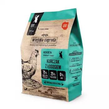 Comida seca para gatos wiejskazagroda frango com salmão 400 g — adulto, proteína 44 %, gordura 18 %, sem glúten e sem soja