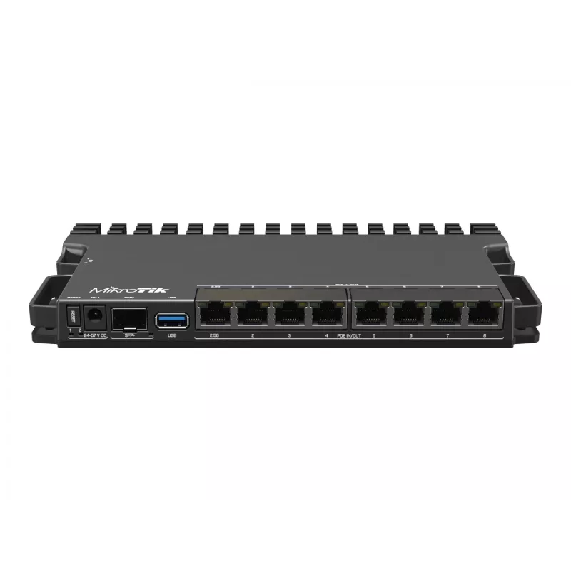 Router com fios MikroTik RB5009UPR+S+IN — 8x portas RJ-45 PoE, 2,5GbE, slot SFP+, RouterOS