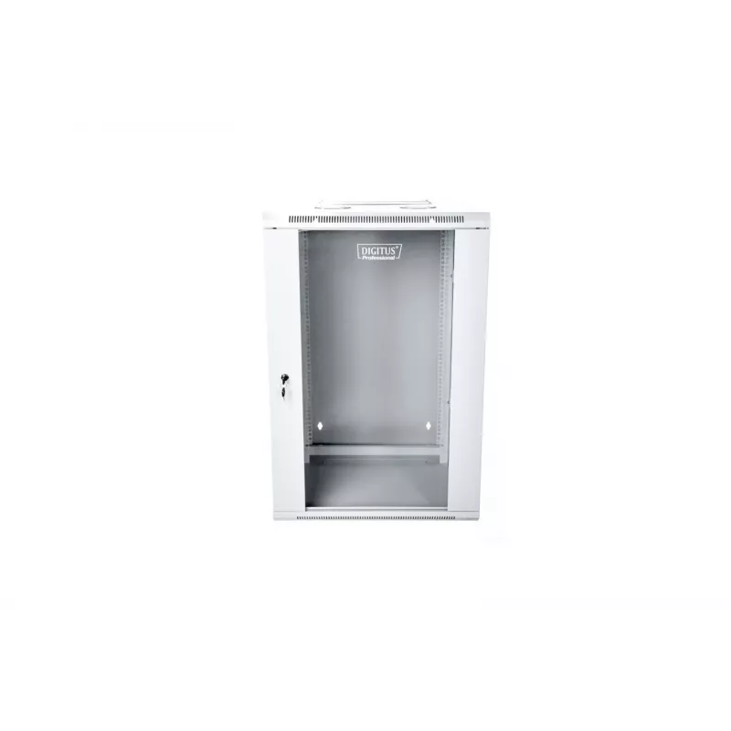 Armário de rede de parede 19 15U 600x600, porta de vidro, cinzento, design dividido, montado, 60kg