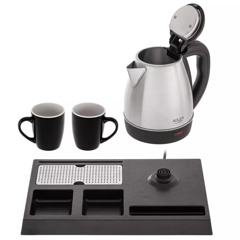 Adler AD 1354 chaleira de hotel em aço inoxidável 1,2 L + tabuleiro com chávenas preto, aço