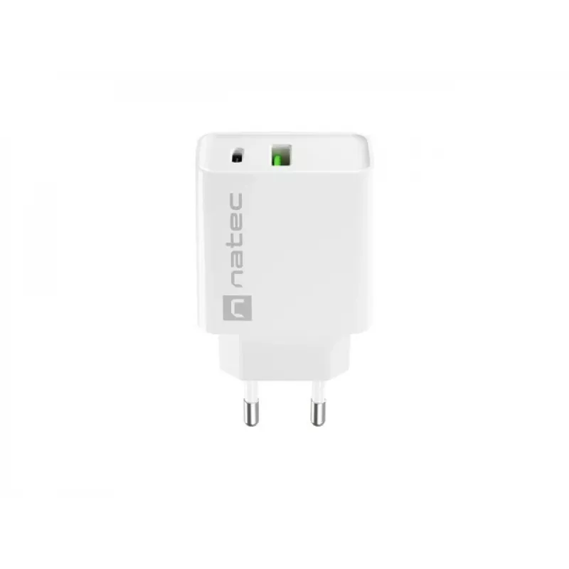 Carregador rápido de rede NATEC RIBERA 12V 20W USB-C PD 3.0 + USB-A Samsung AFC branco