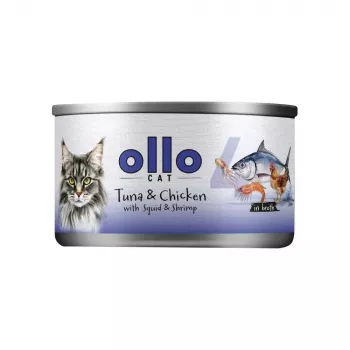 Ollo Atum & Frango com Lula & Camarão em Caldo Nº 4 70g