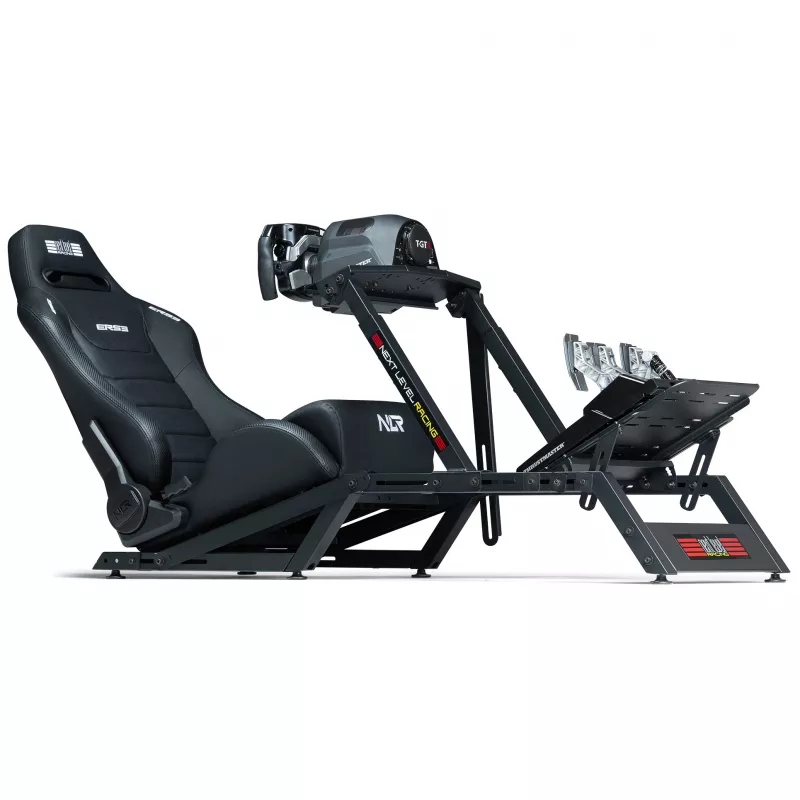 Cadeira de corrida com encosto ajustável Next Level Racing ERS3 Elite Premium — couro sintético preto, encosto reclinável, compatível com montagem em cockpit e no chão