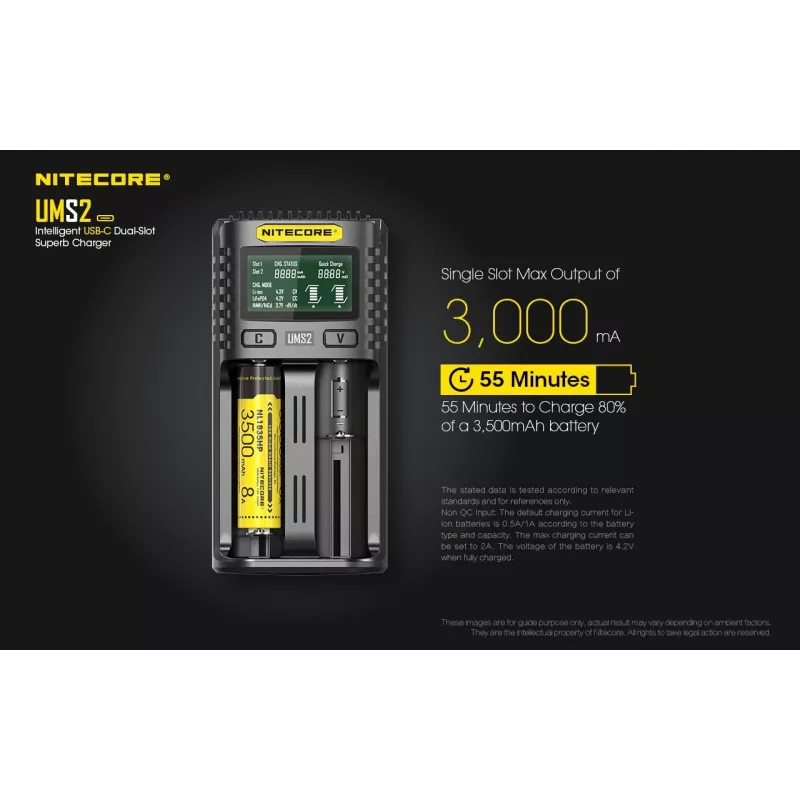 Carregador de baterias Nitecore UMS2 pilha doméstica DC iões de lítio níquel-cádmio
