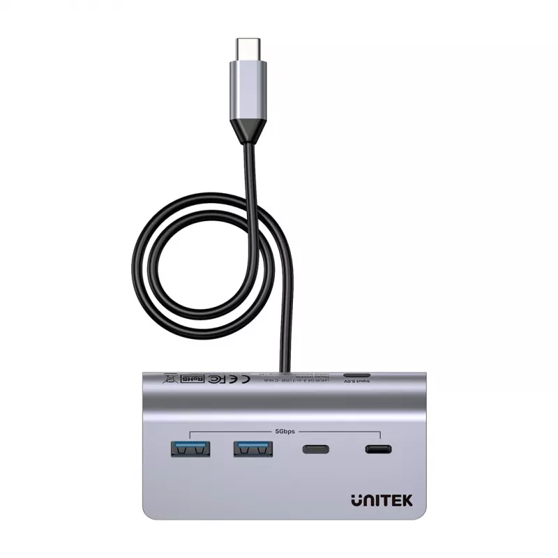 Hub USB Unitek H1337AGY01 – 4 portas (2×USB-C, 2×USB-A), até 5 Gbit/s por porta, alumínio, prateado