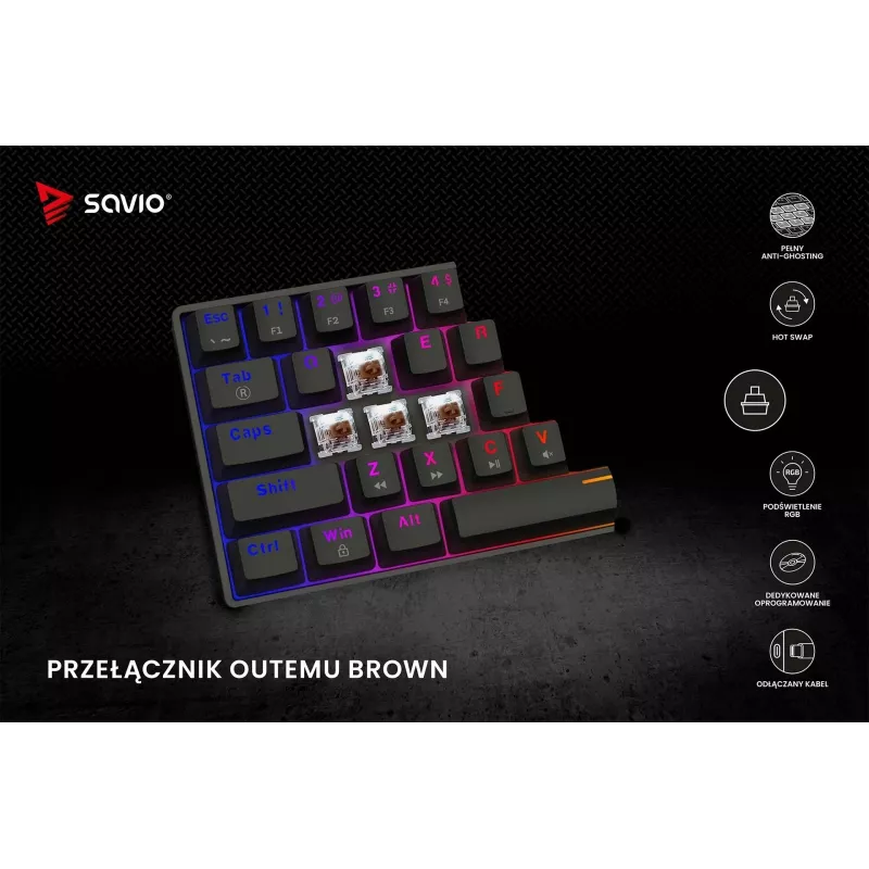 Teclado mecânico gaming SAVIO BLACKOUT X2 BROWN 61 teclas 60% USB QWERTY RGB Outemu Brown