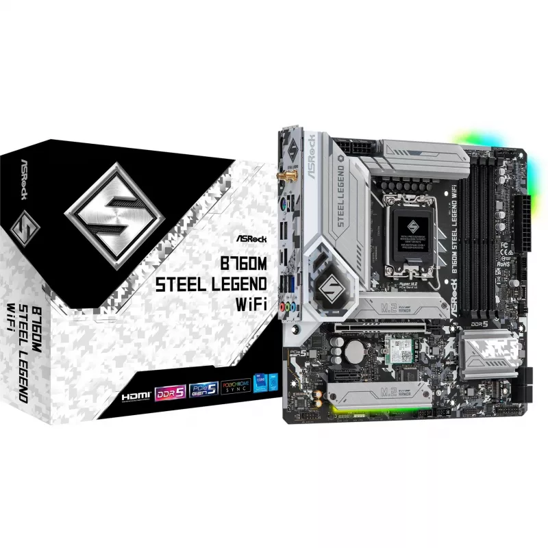 Placa-mãe ASRock B760M Steel Legend WiFi — Intel B760, LGA 1700, micro ATX, DDR5, 4 DIMM, 128GB, Wi‑Fi 6E, 2.5Gb LAN
