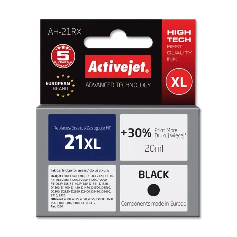 Tinta Activejet AH-21RX (substituto para HP 21XL C9351A; Premium; 20 ml; preto)