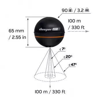 Sonda de peixe portátil Deeper Smart Sonar PRO+ 2 sonar 675 kHz, alcance 100 m, 65×65×65 mm, Li‑Ion 950 mAh