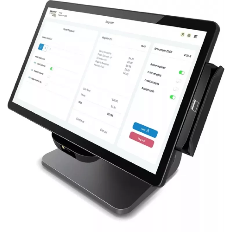 Elo E-Series 3, 8 GB RAM, 128 GB SSD, WiFi, 39,6 cm (15,6 polegadas), Full HD, USB, USB-C, RS232, BT, Ethernet, Intel Celeron, sistema POS preto