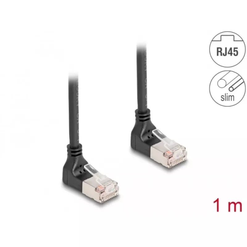 Cabo de rede DeLOCK RJ45 Cat.6A S/FTP fino 90° para cima 1m preto