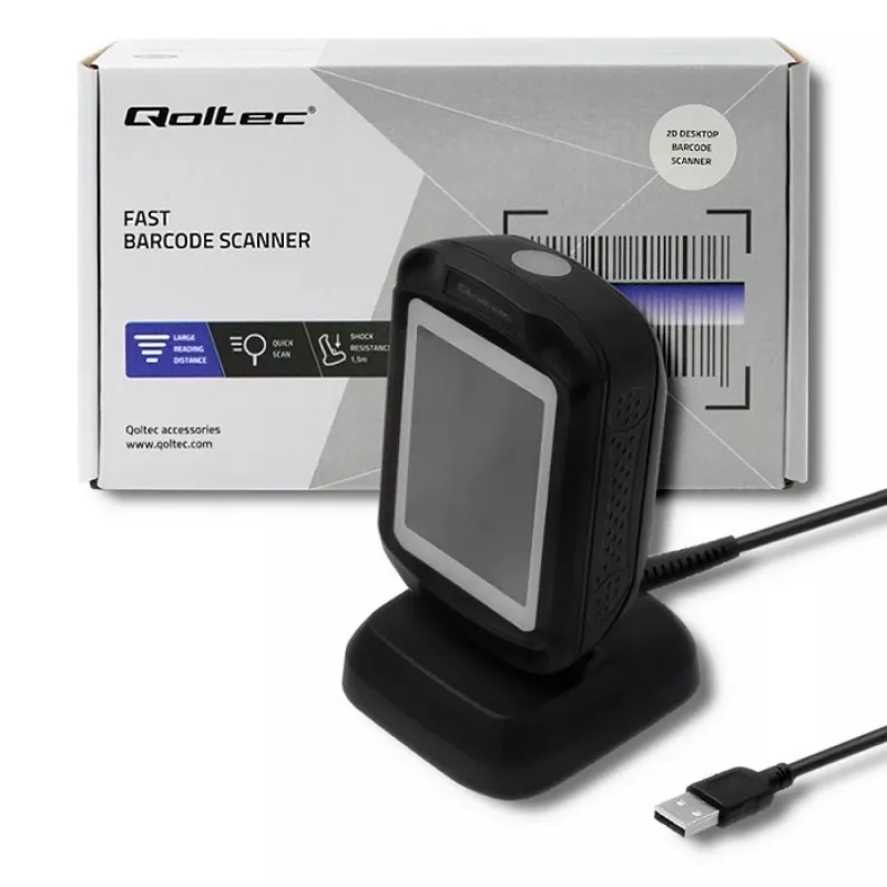 Leitor de códigos de barras fixo 1D/2D QOLTEC 50864, sensor LED, USB (com fios), preto, 145×85×80 mm