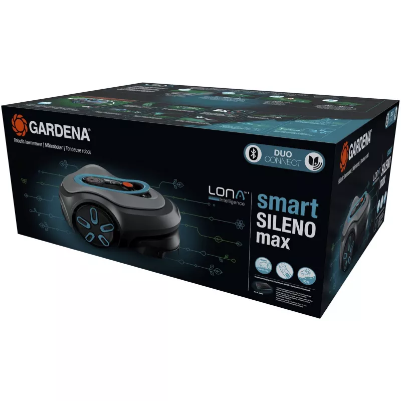 Robô corta-relvas GARDENA smart SILENO max — 800 m², largura de corte 16 cm, bateria, navegação LONA, cinzento