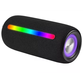 Altifalante estéreo portátil TRACER Stripe preto — 10 W RMS, Bluetooth/com fios, USB-A e USB-C, MicroSD, bateria integrada (até 5 h)
