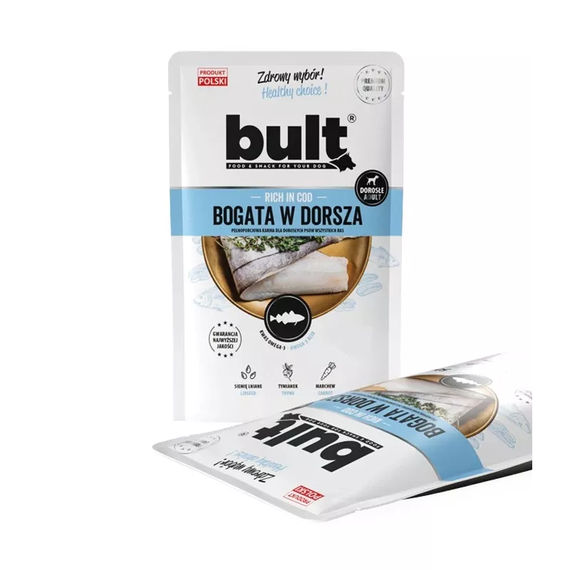 Comida húmida para cães BULT Rica em bacalhau 100 g saco, cães adultos, sabor a peixe, sem soja e sem glúten