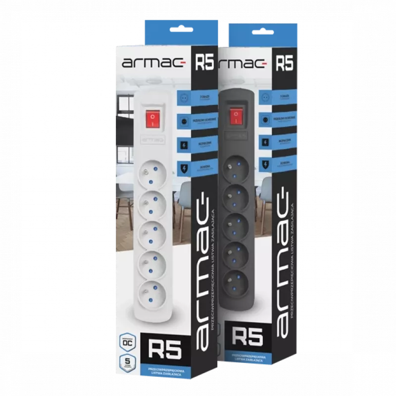 Régua de tomadas ARMAC R5 — 5 tomadas, cabo de 5 m, preto