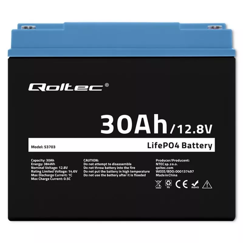 Bateria recarregável LiFePO4 QOLTEC 12,8V 30Ah 384Wh com BMS