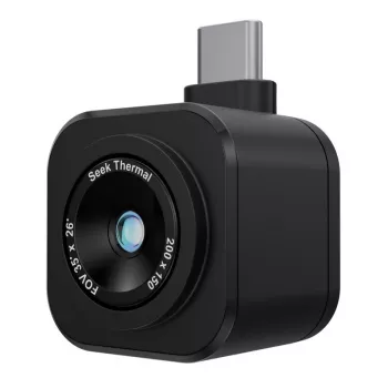 Câmara térmica Seek Thermal CW-ABAX, sensor 200×150 px, 25 Hz, alcance -20–330°C, NETD 35 mK, foco fixo, medição de ponto central