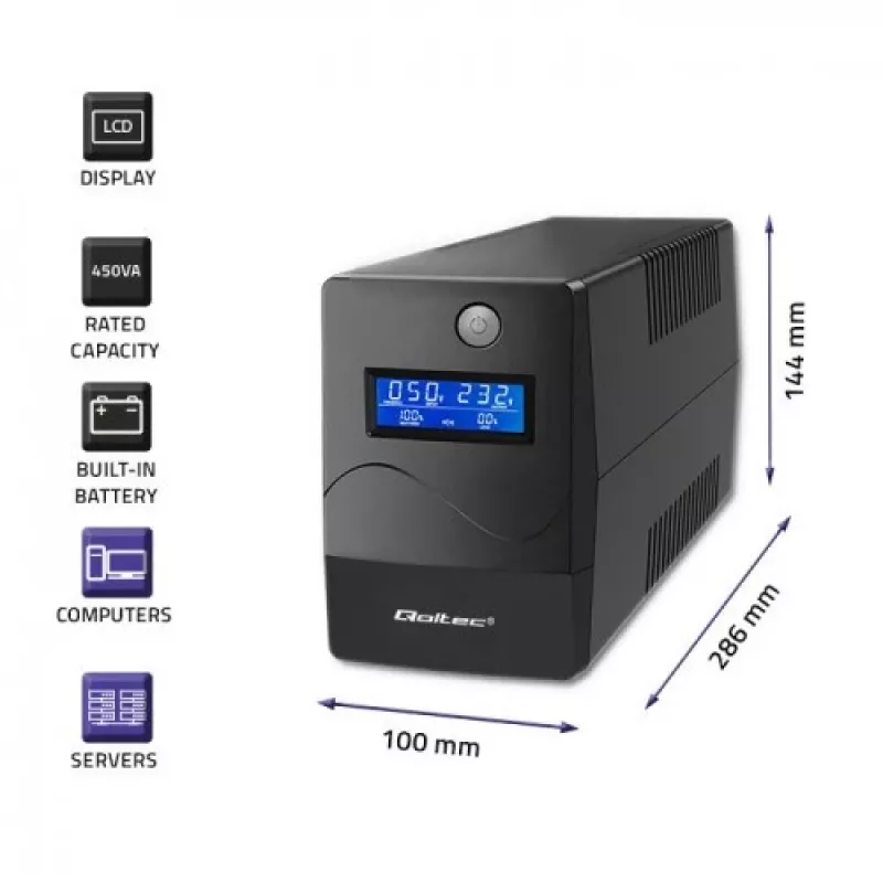 Qoltec Monolith UPS (fonte de alimentação ininterrupta) Dupla conversão (Online) 1 kVA 600 W 2 tomadas Schuko