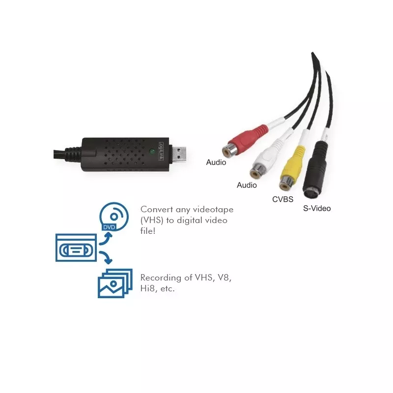 Placa de captura USB 2.0 A/V LogiLink. USB A macho para 3xCinch + MiniDIN5 fêmea. Preto
