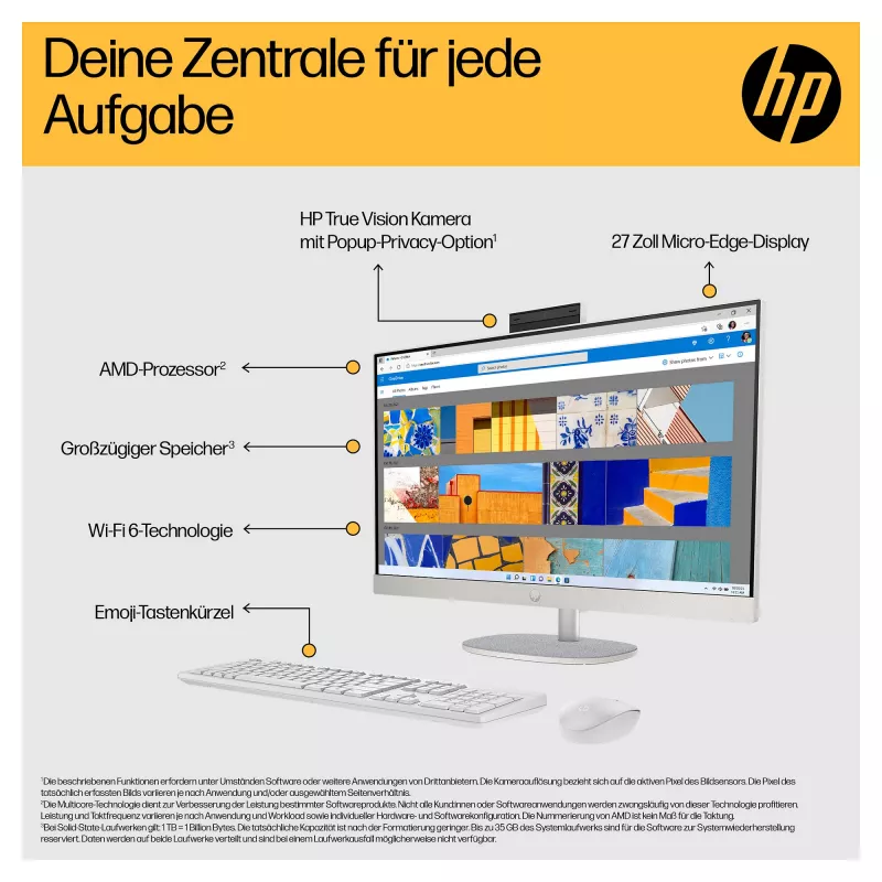 HP 27-cr0471ng - All-in-One (solução completa) - Ryzen 7 7730U - RAM 16 GB - SSD 512 GB - NVMe - Radeon Graphics - 1GbE, Wi-Fi 6, Bluetooth - WLAN: 802.11a/b/g/n/ac/ax, Bluetooth