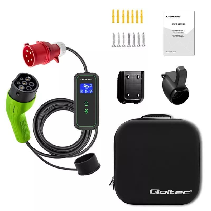Carregador móvel para carro elétrico Qoltec ajustável 2em1 Type2 | 11kW | CEE 5 PIN | LCD | 3 fases | portátil | wallbox | 5m