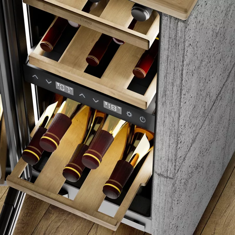 Frigorífico de vinho de encastre Caso WineDeluxe WDU 18 – capacidade para 18 garrafas, classe de eficiência energética E, preto