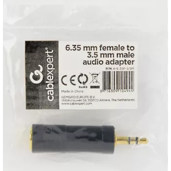 Adaptador de áudio Cablexpert jack fêmea 6,35 mm para jack macho 3,5 mm | A-6.35F-3.5M