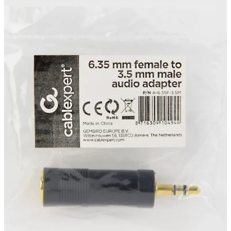 Adaptador de áudio Cablexpert jack fêmea 6,35 mm para jack macho 3,5 mm | A-6.35F-3.5M