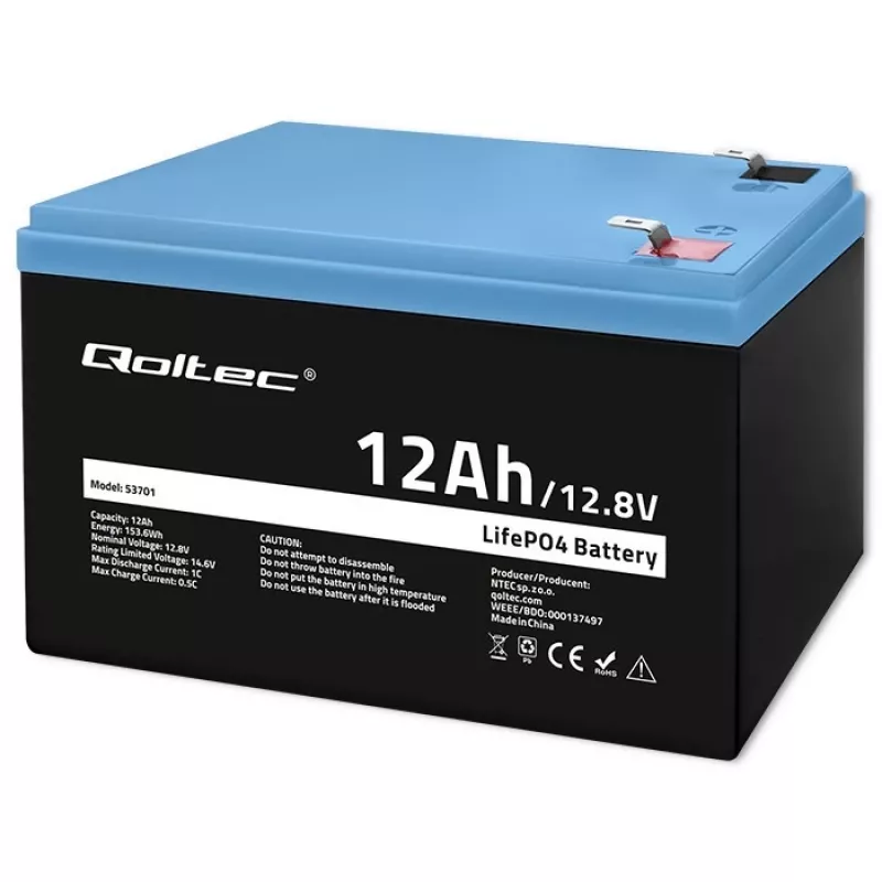Bateria Qoltec LiFePO4 Fosfato de ferro-lítio 12,8 V 12 Ah 153,6 Wh com BMS